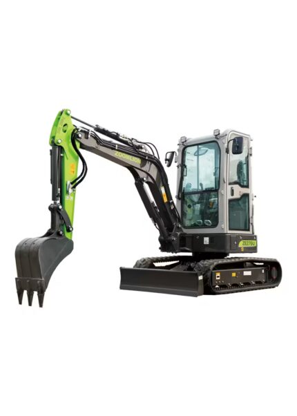 Minikoparka gąsienicowa Zoomlion ZE27GU z łyżką i lemieszem, widok boczny na białym tle